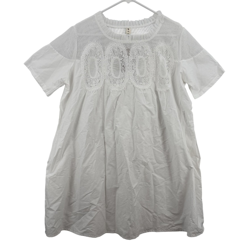 SooLinen Dress Womens Extra Large White Lace Yoke‎ Short Sleeve Pockets Boho NWT